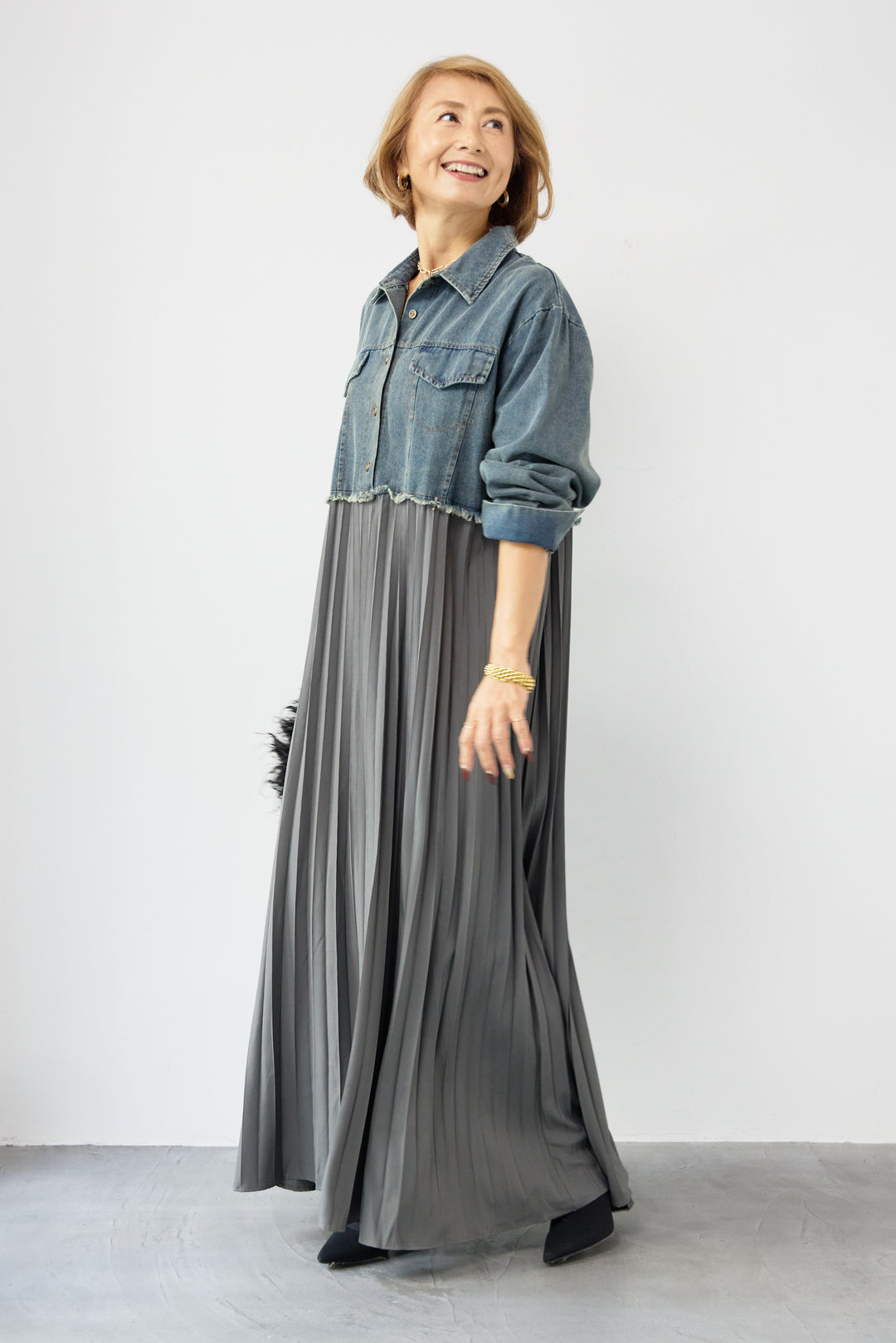 デニム切替プリーツワンピース