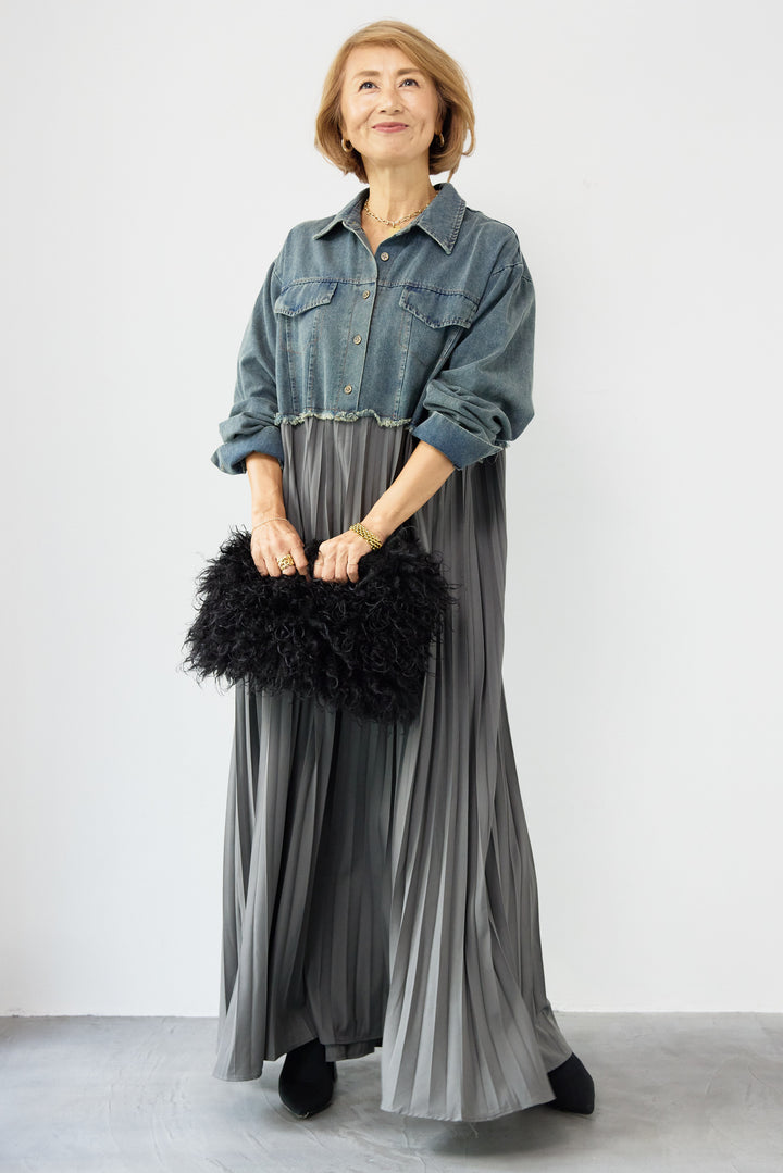 デニム切替プリーツワンピース