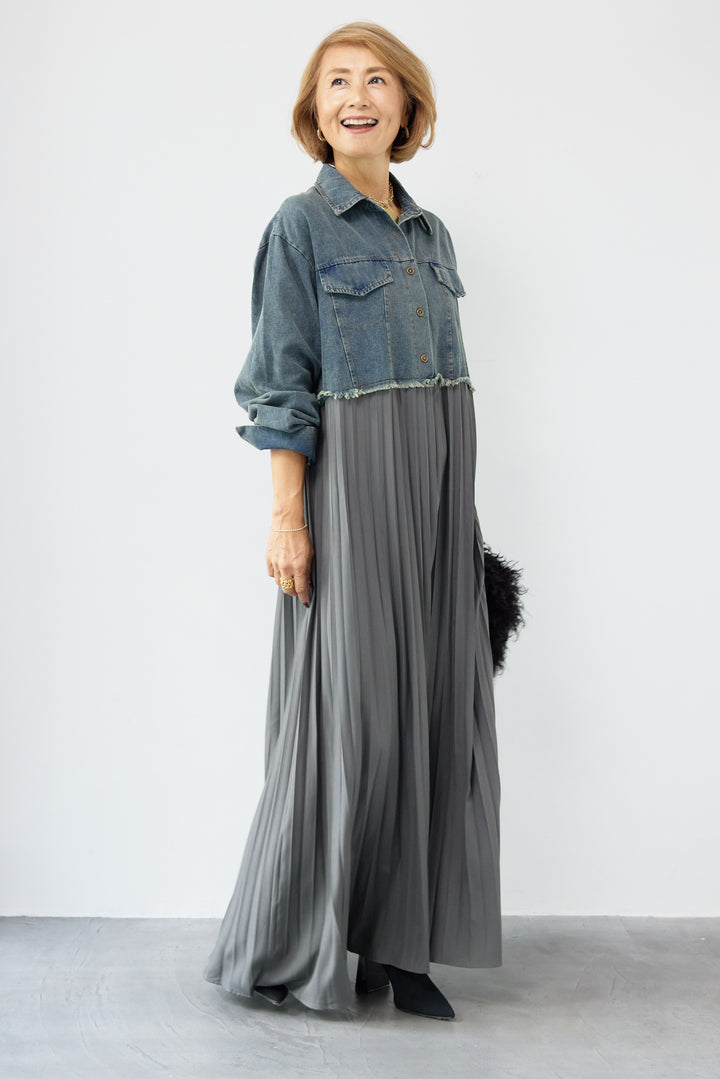 デニム切替プリーツワンピース