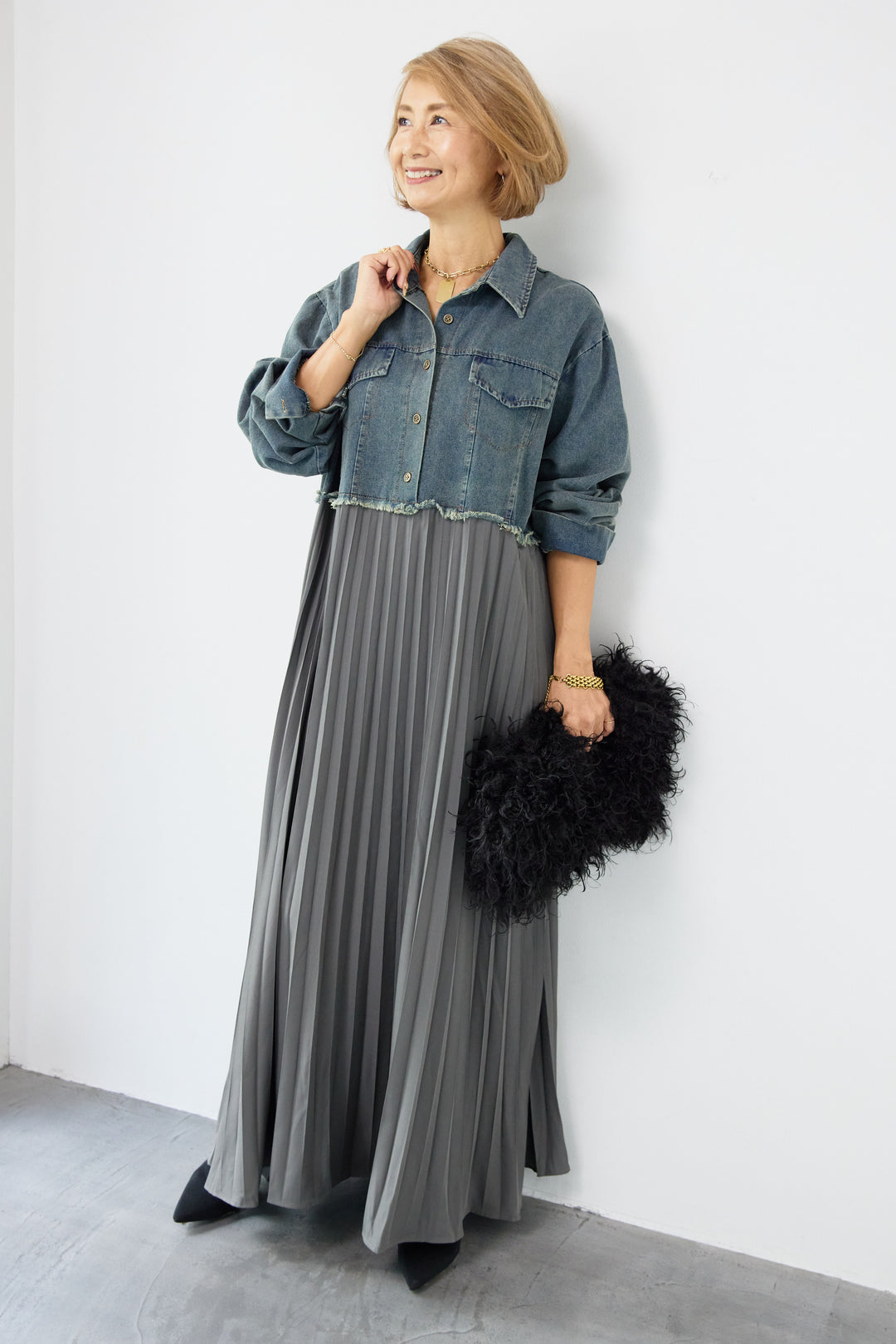 デニム切替プリーツワンピース