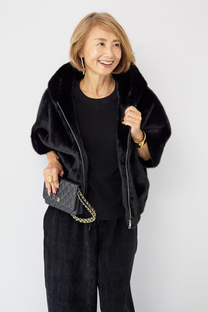 フーデッドフェイクファーショートコート