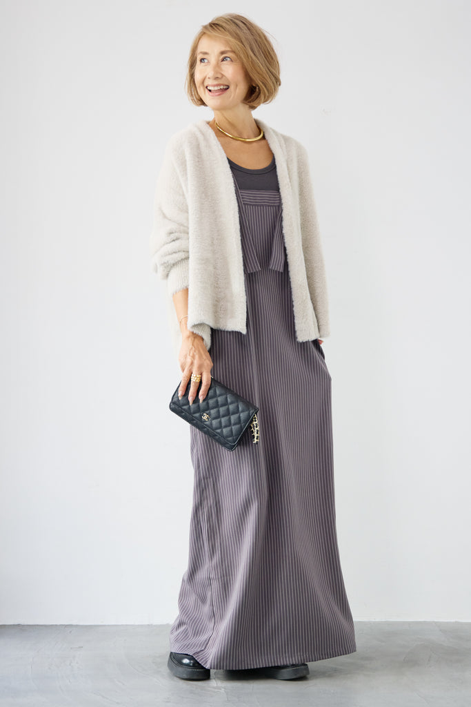 SET]ストライプジャンスカ+フェザーニットカーディガン(2set