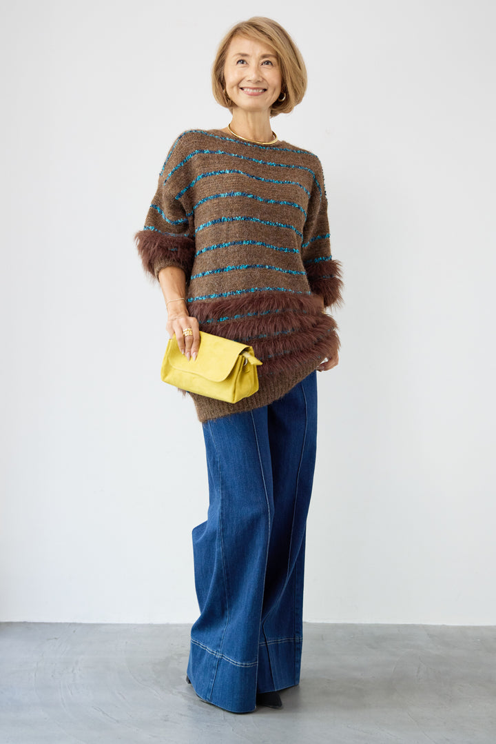 配色ラインシャギーニット