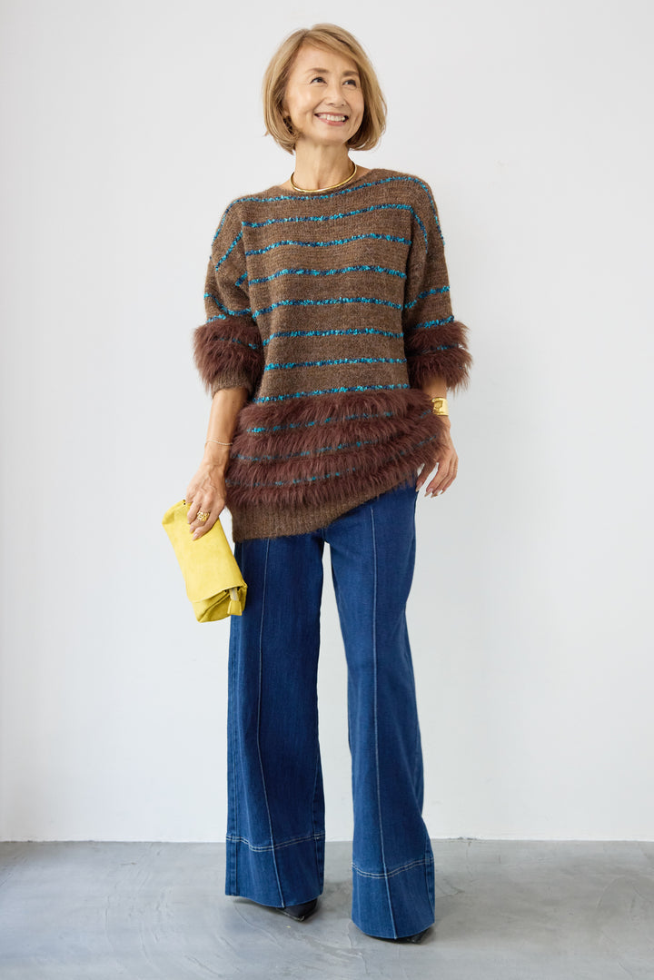 配色ラインシャギーニット