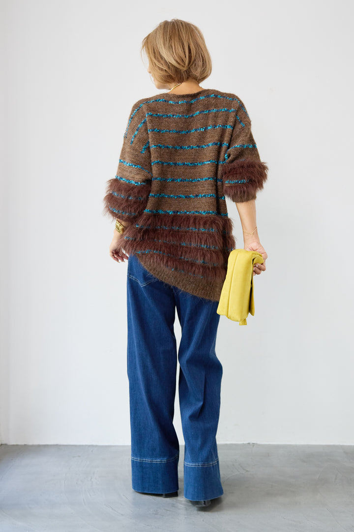 配色ラインシャギーニット