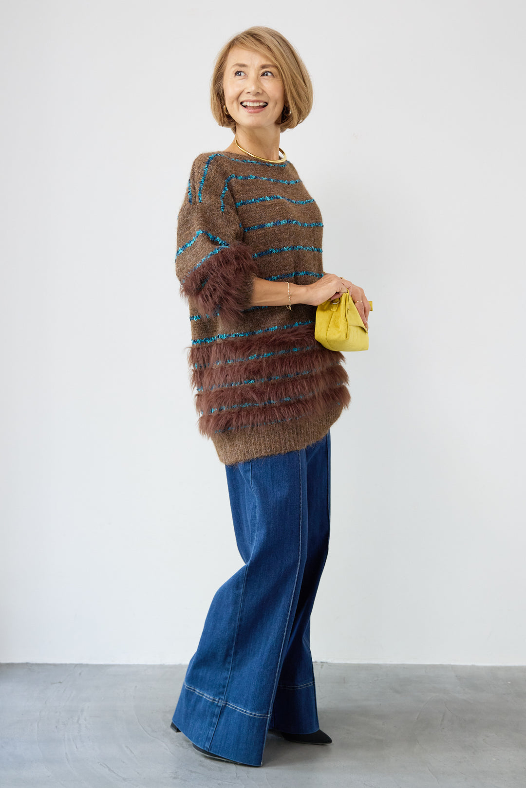 配色ラインシャギーニット