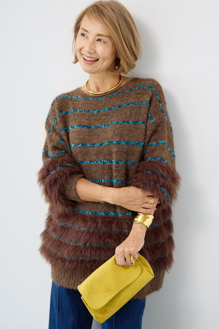 配色ラインシャギーニット