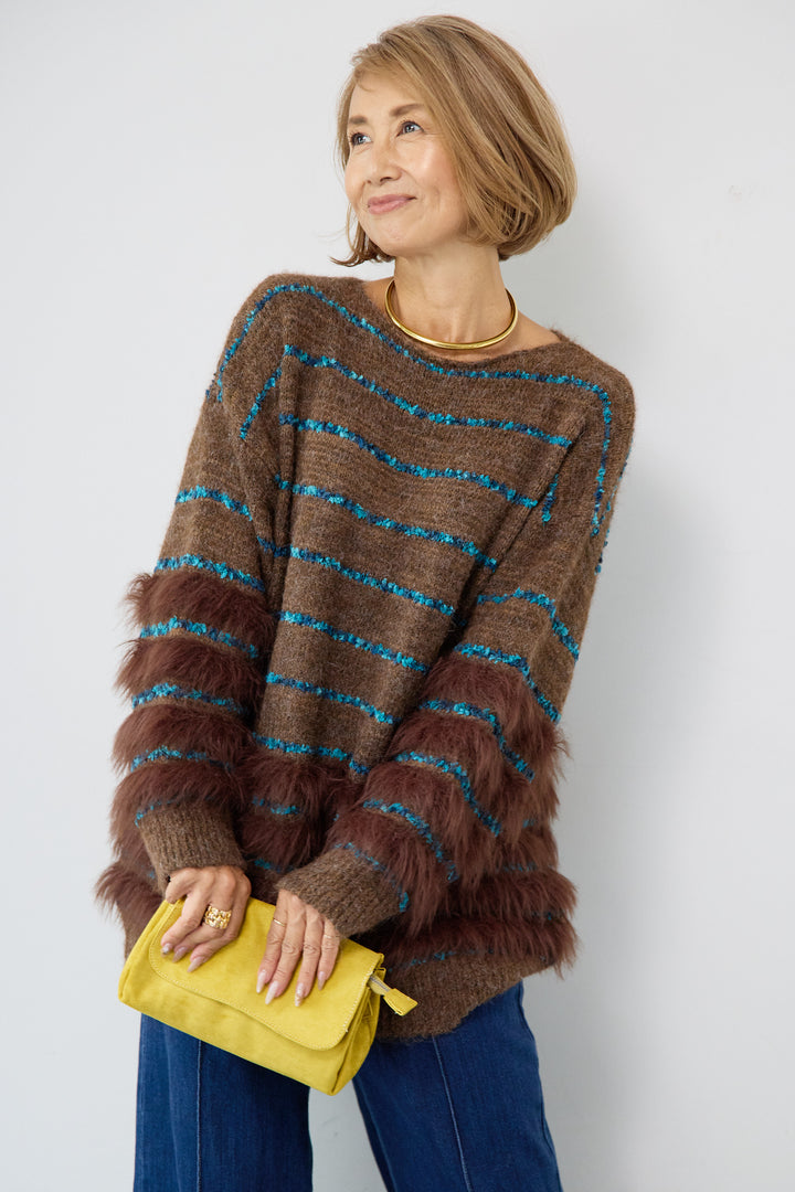 配色ラインシャギーニット