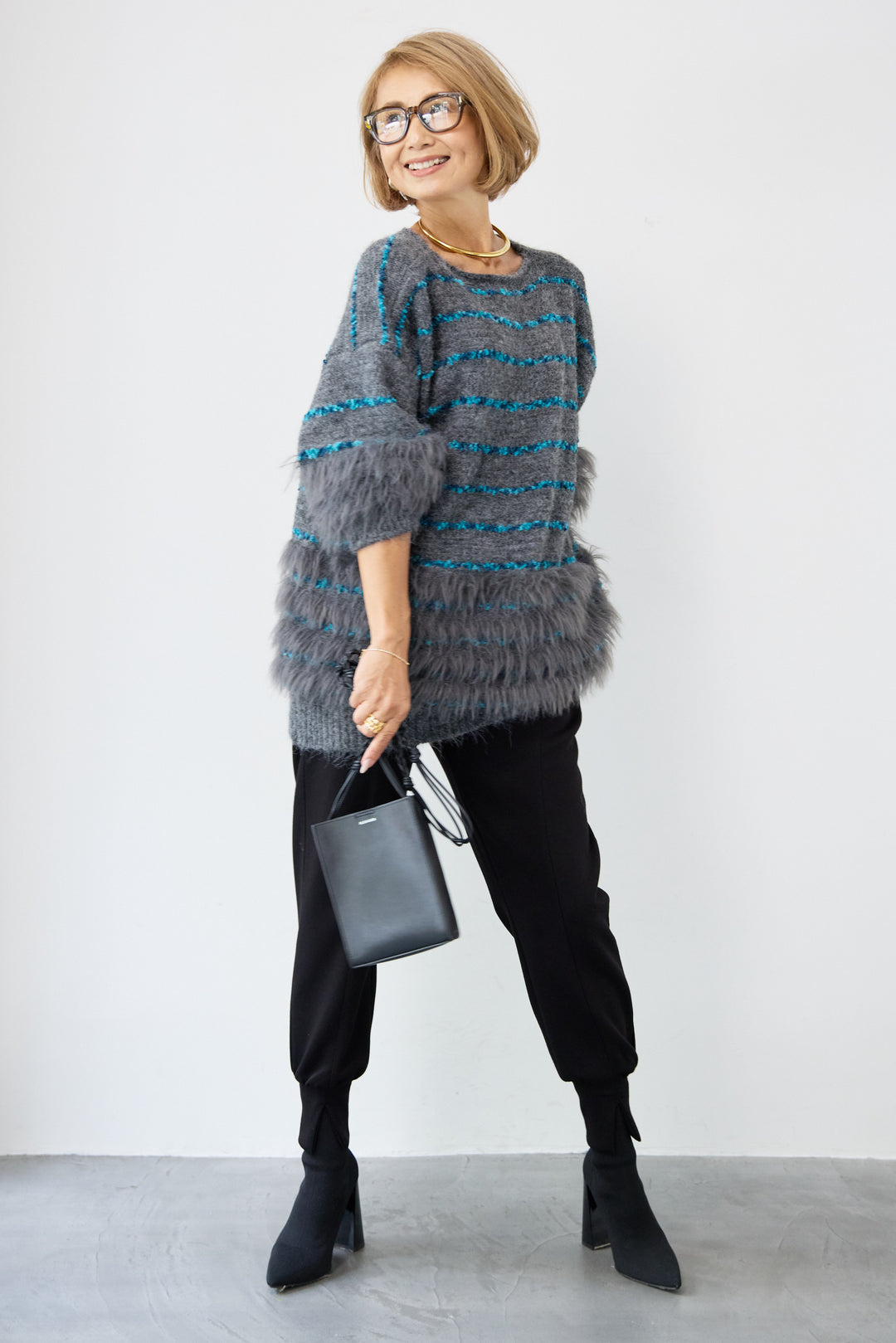 配色ラインシャギーニット