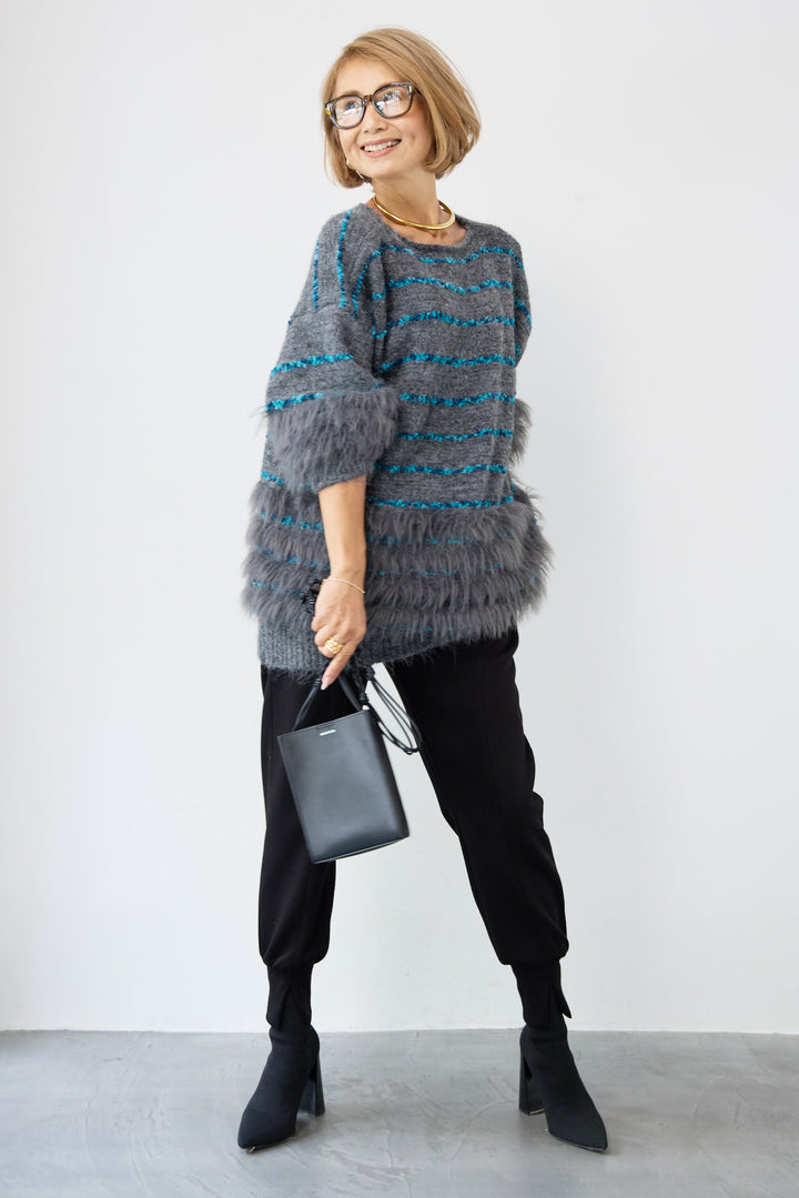 配色ラインシャギーニット