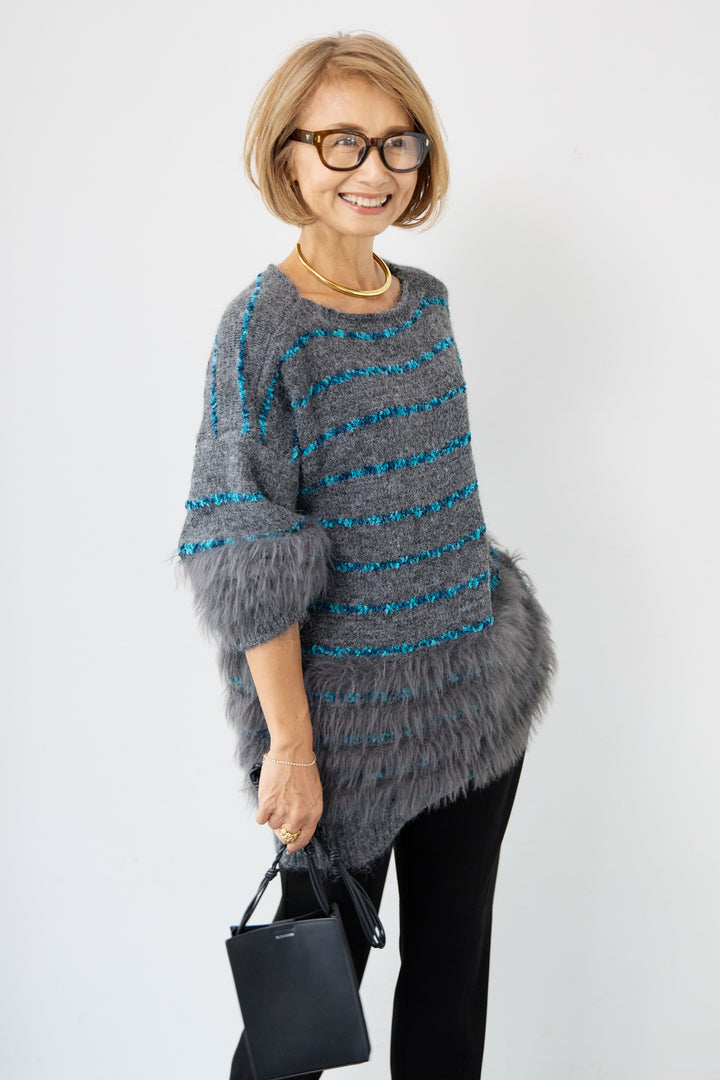 配色ラインシャギーニット