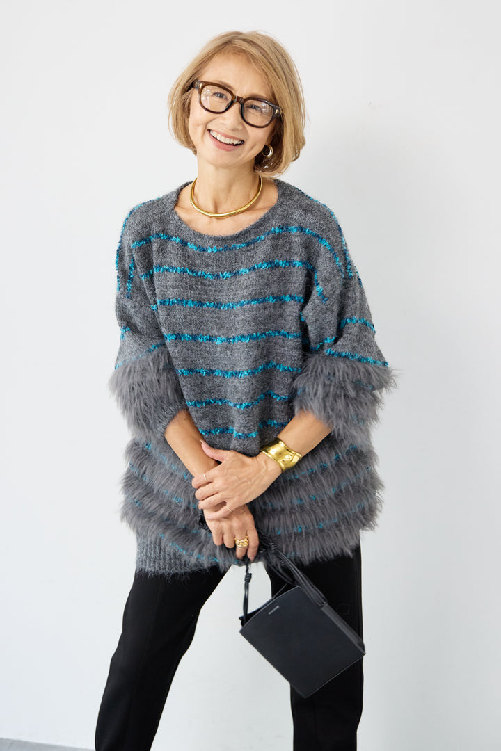 配色ラインシャギーニット