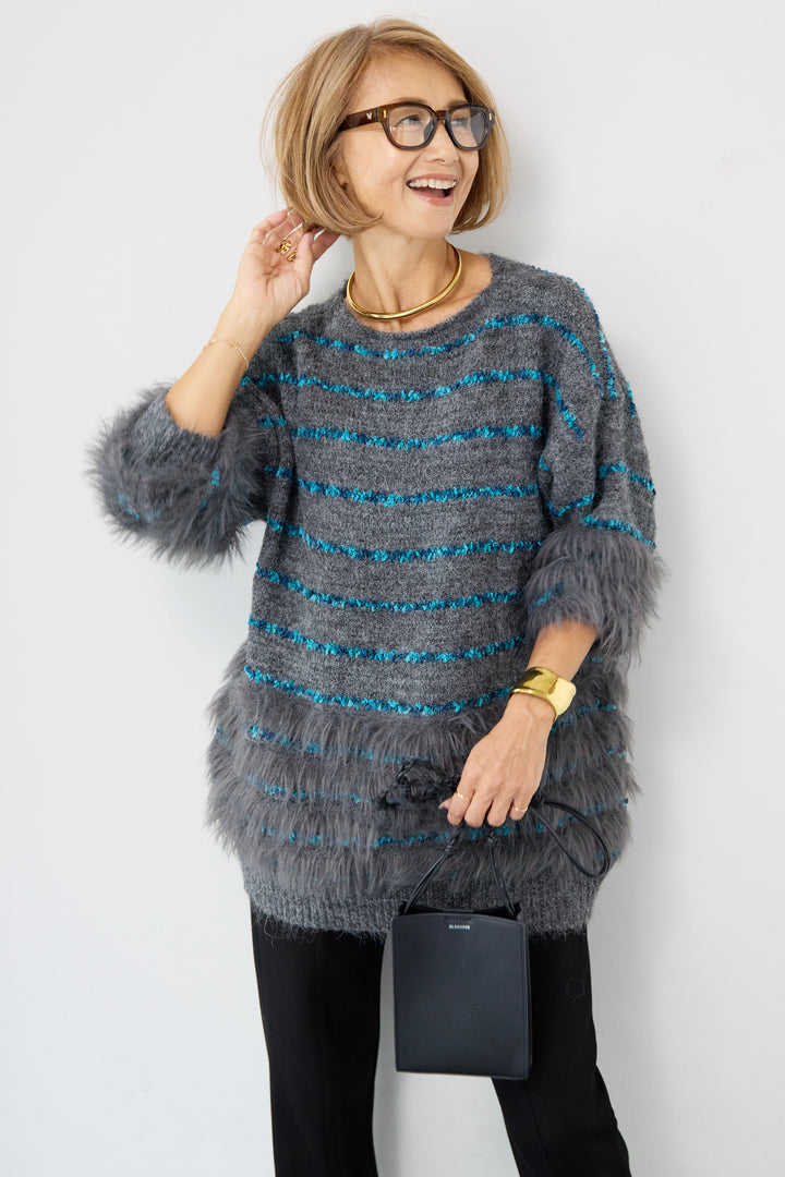 配色ラインシャギーニット