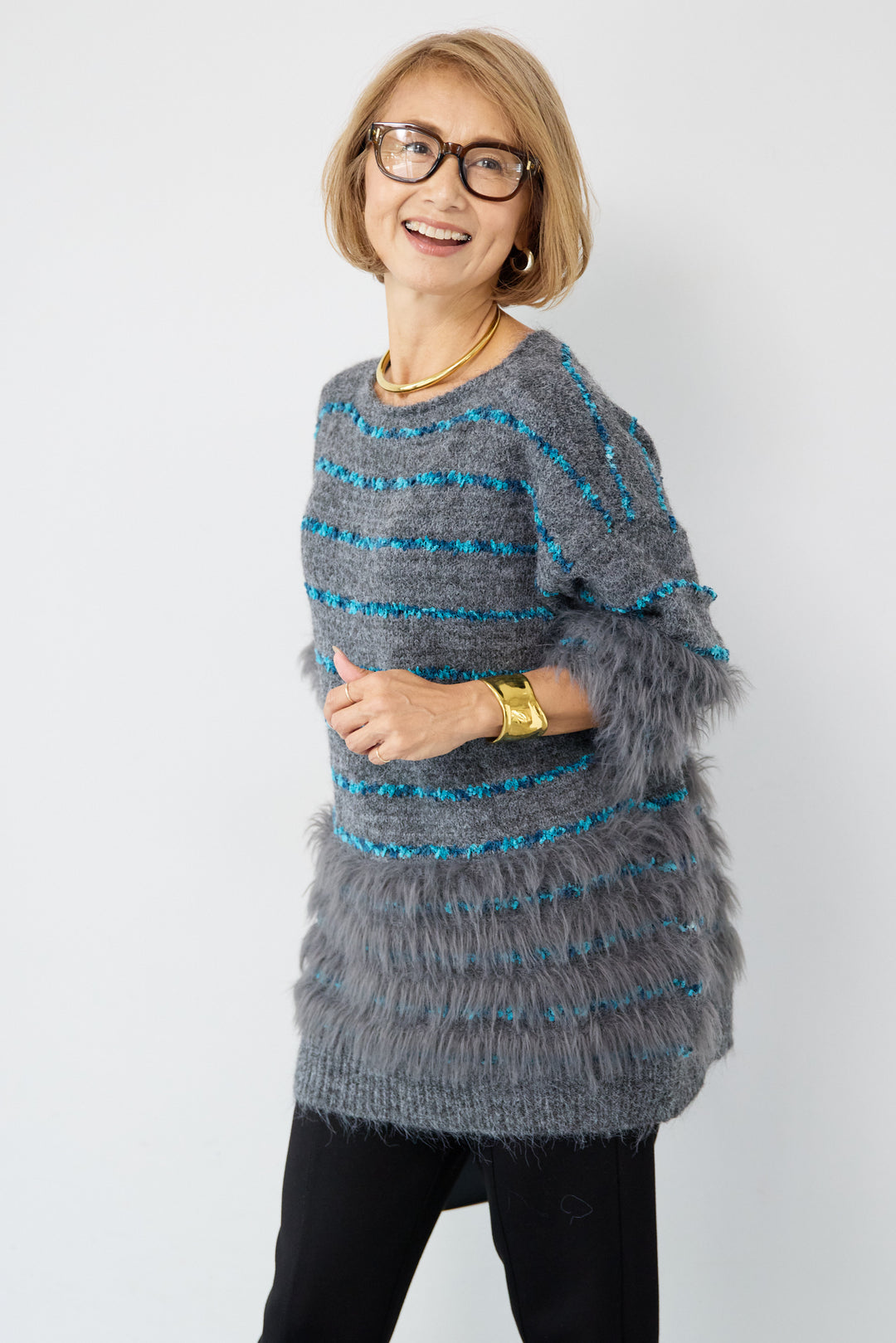 配色ラインシャギーニット