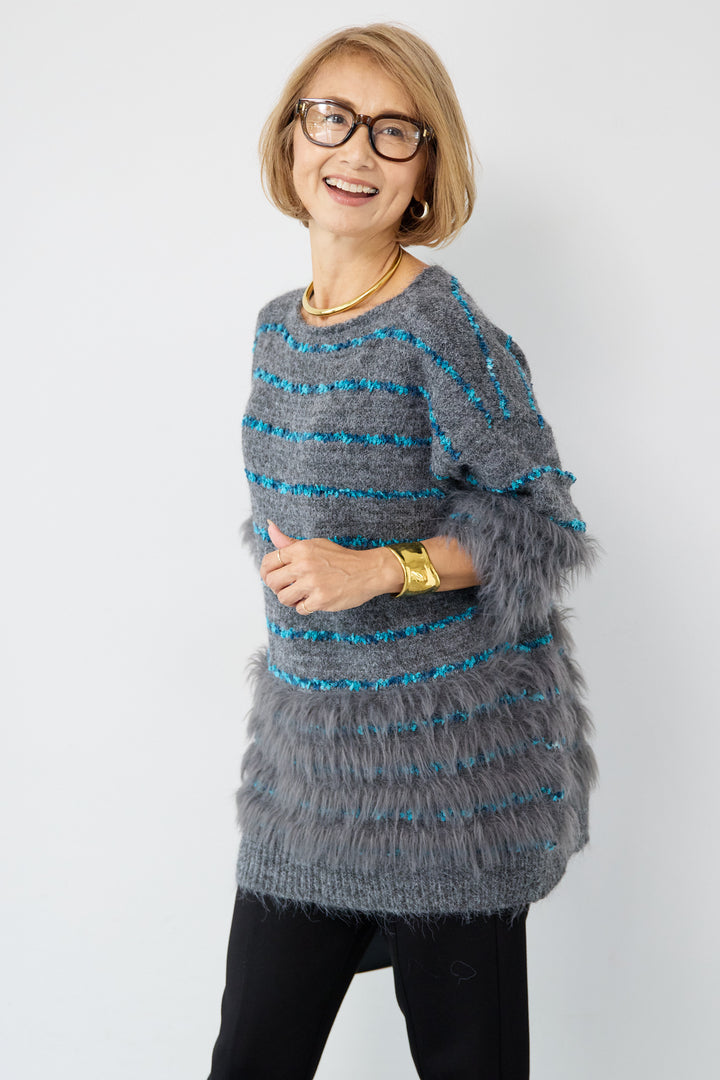 配色ラインシャギーニット