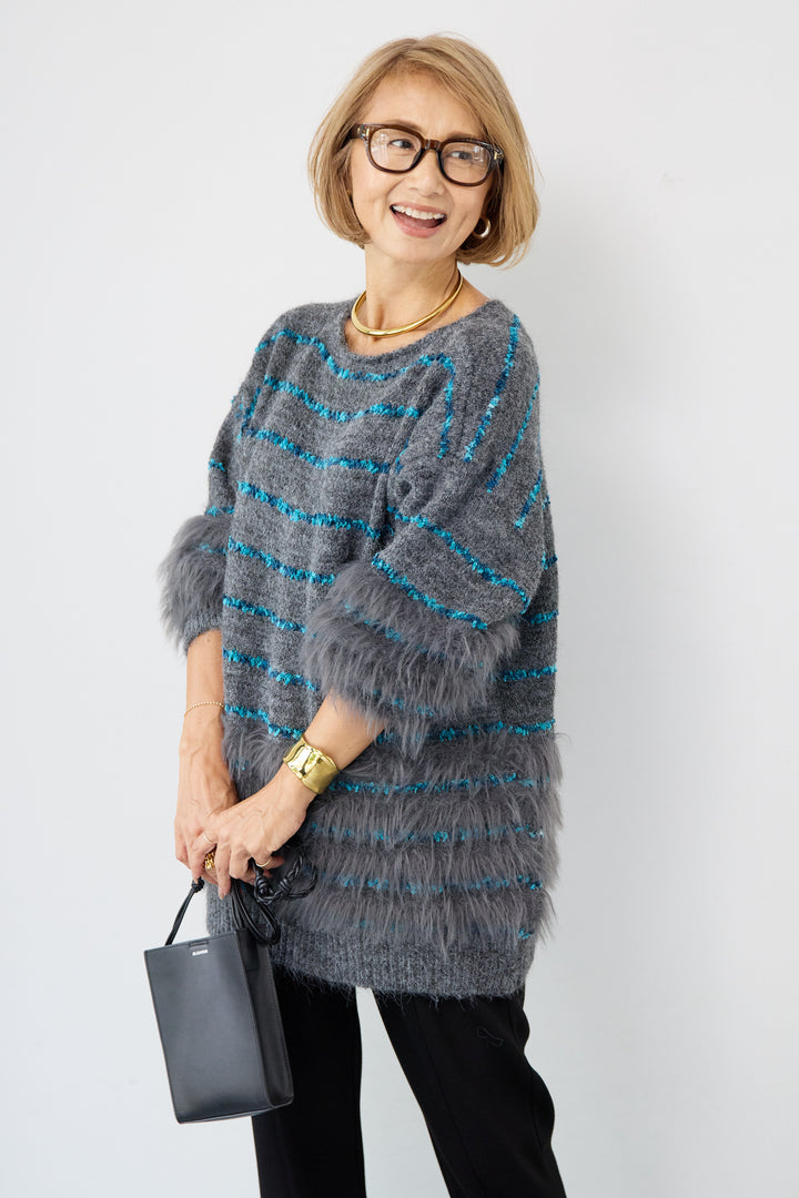 配色ラインシャギーニット