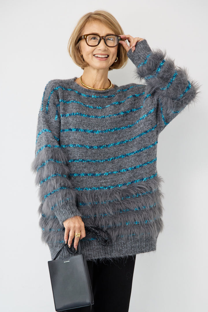 配色ラインシャギーニット