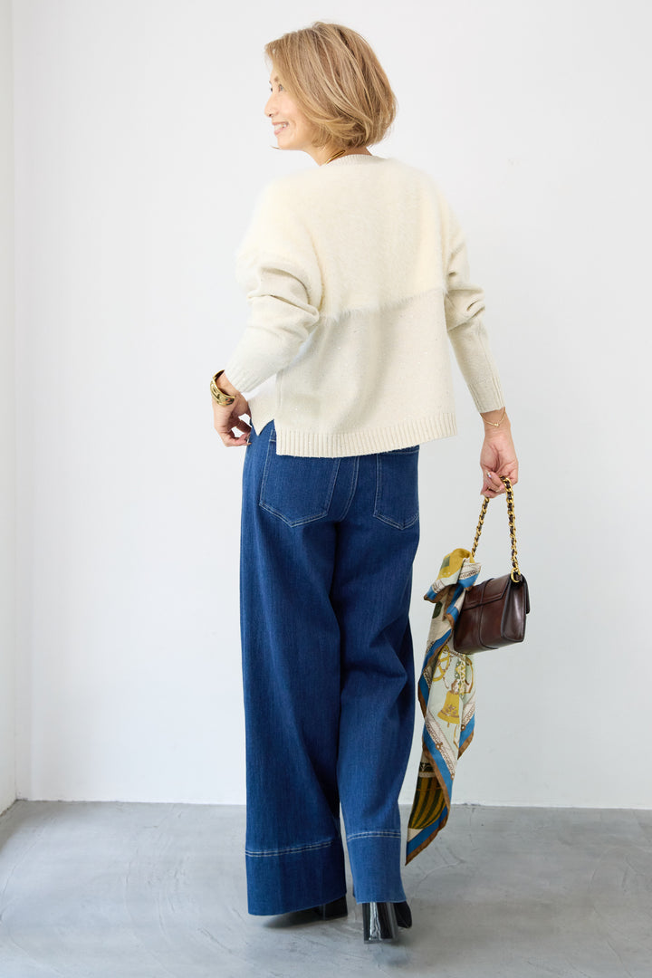 シャギー切替スパンコールニット