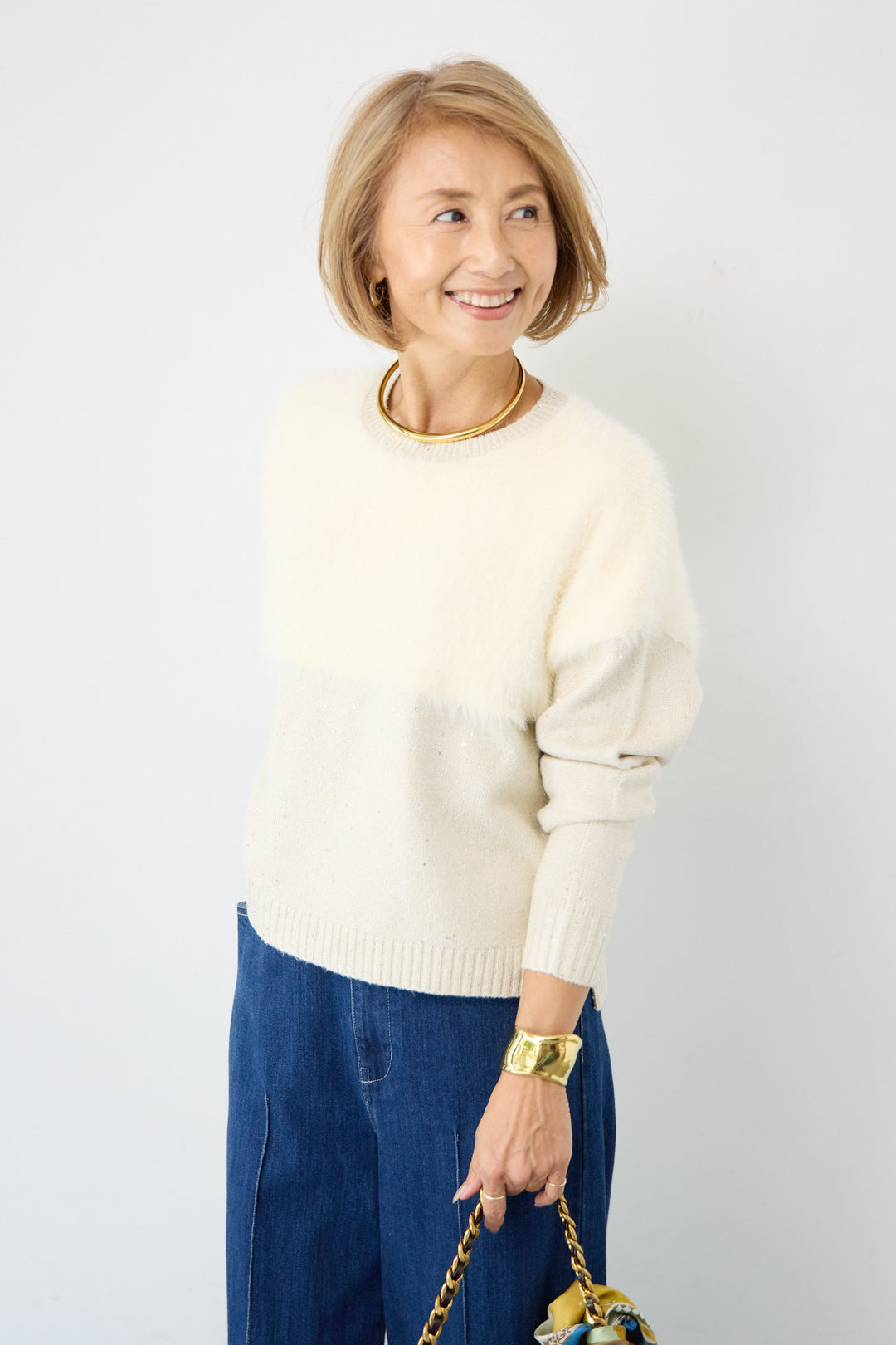 シャギー切替スパンコールニット