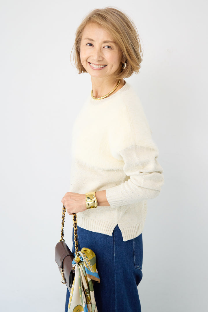 シャギー切替スパンコールニット