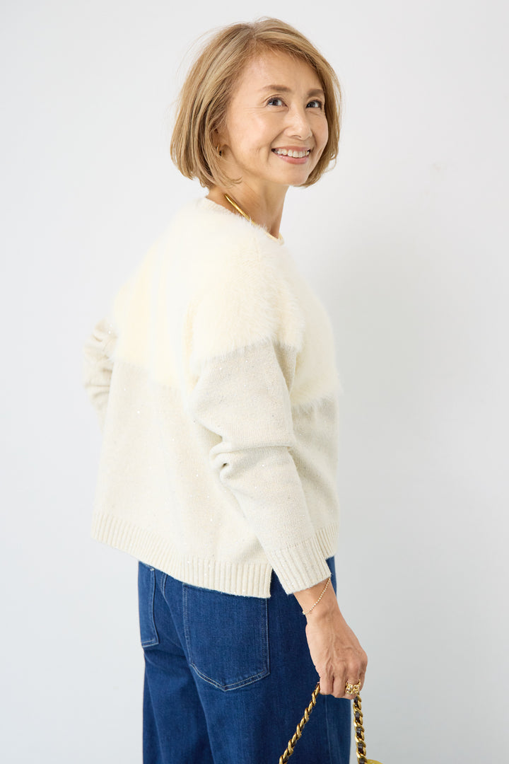 シャギー切替スパンコールニット