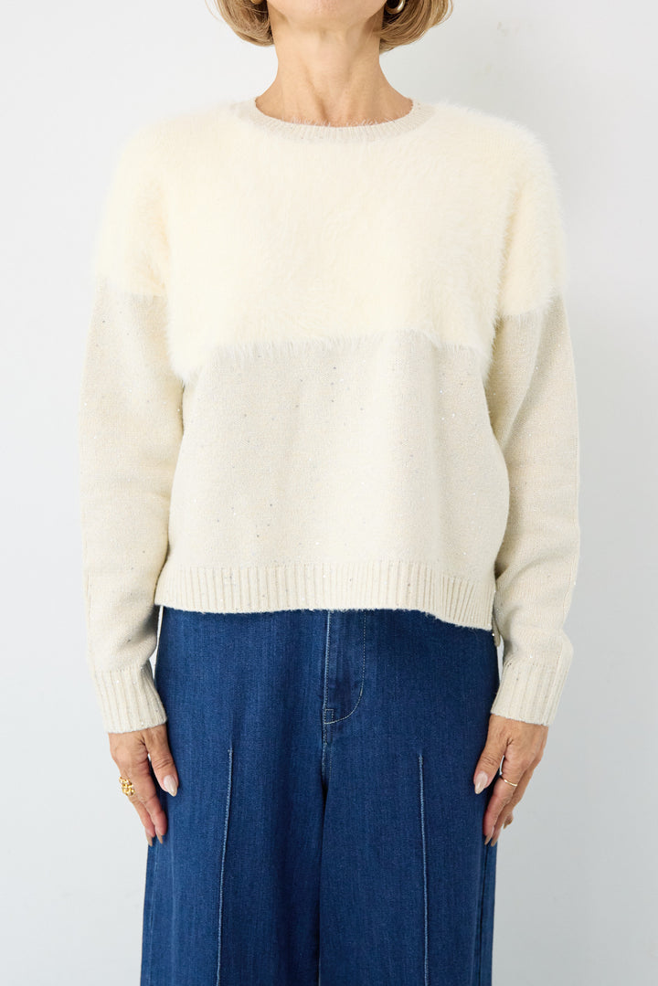 シャギー切替スパンコールニット