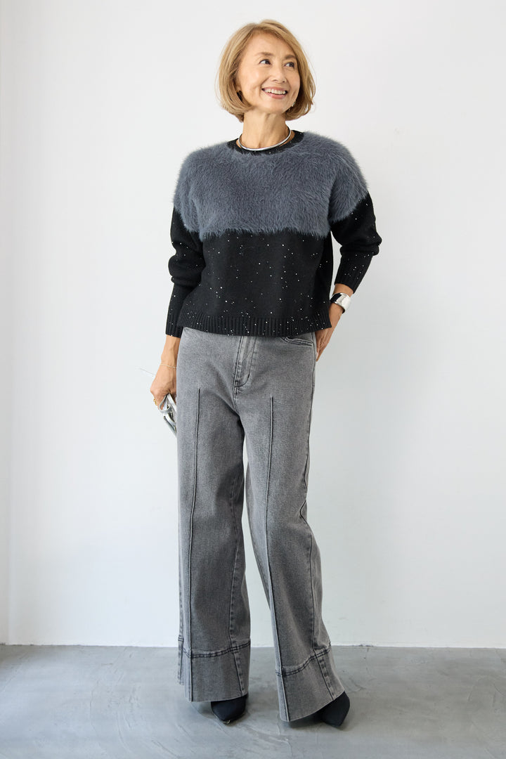 シャギー切替スパンコールニット