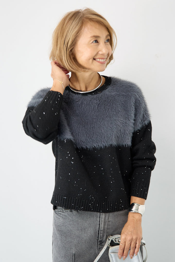 シャギー切替スパンコールニット