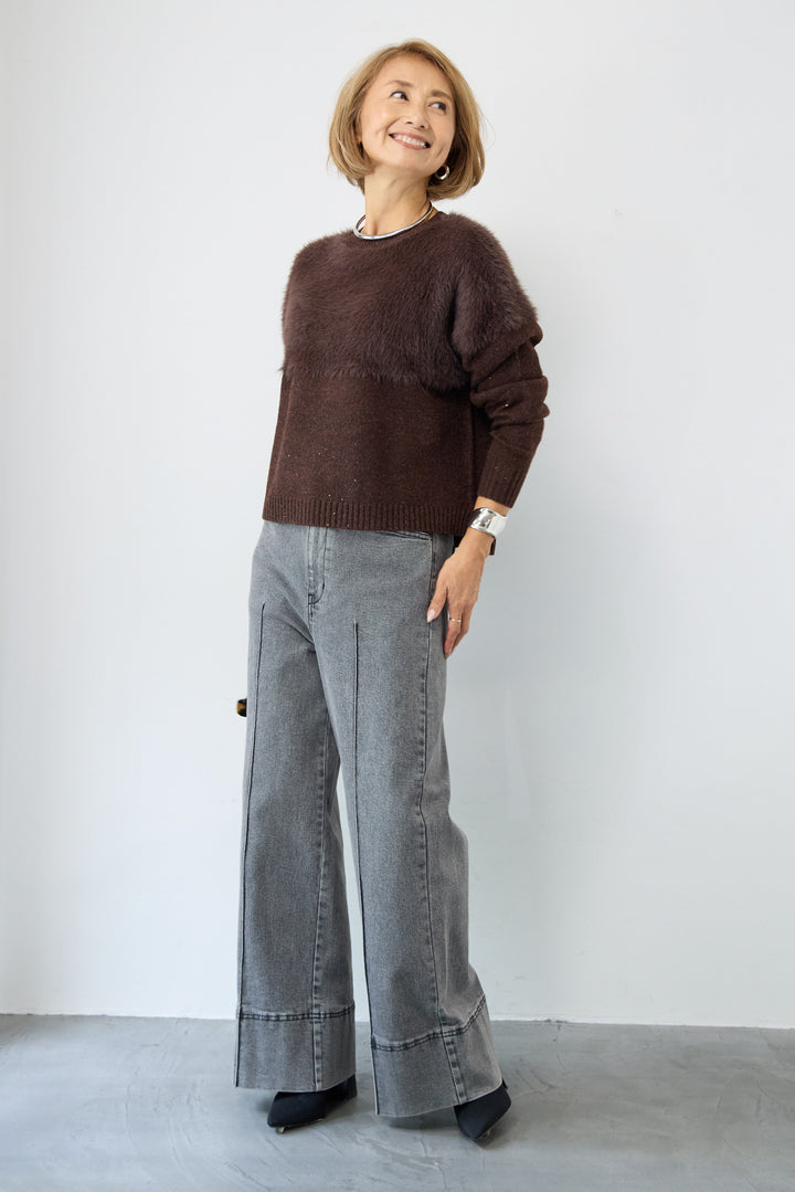 シャギー切替スパンコールニット