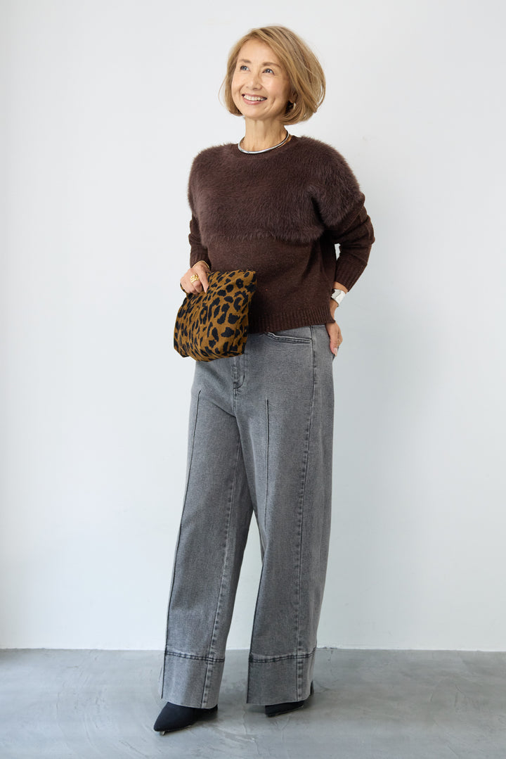 シャギー切替スパンコールニット