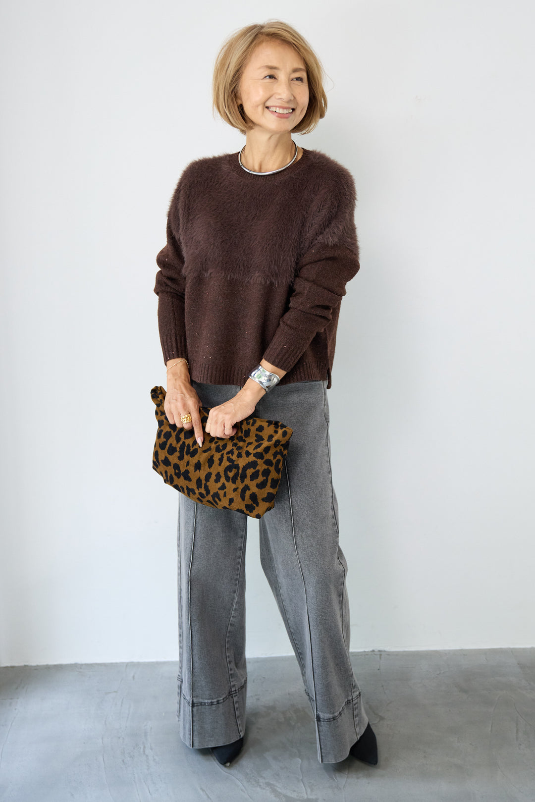 シャギー切替スパンコールニット