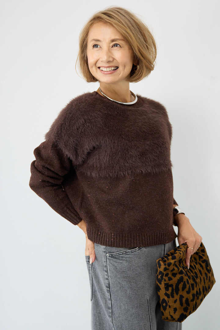 シャギー切替スパンコールニット