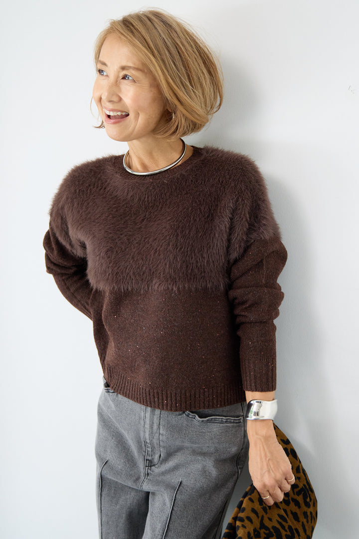 シャギー切替スパンコールニット