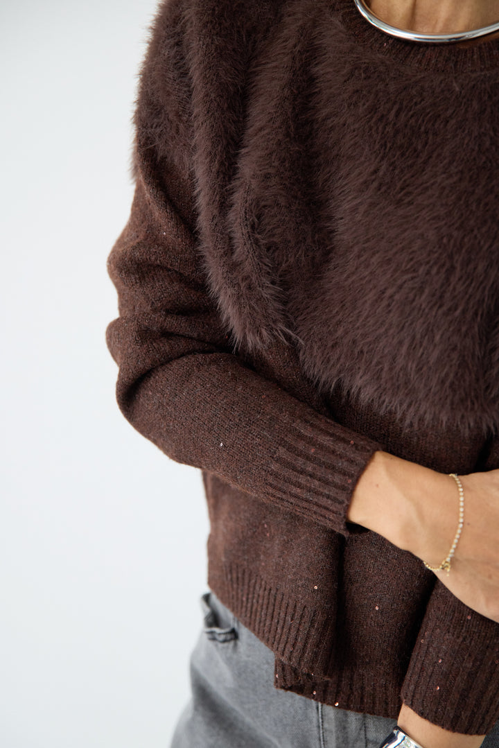 シャギー切替スパンコールニット