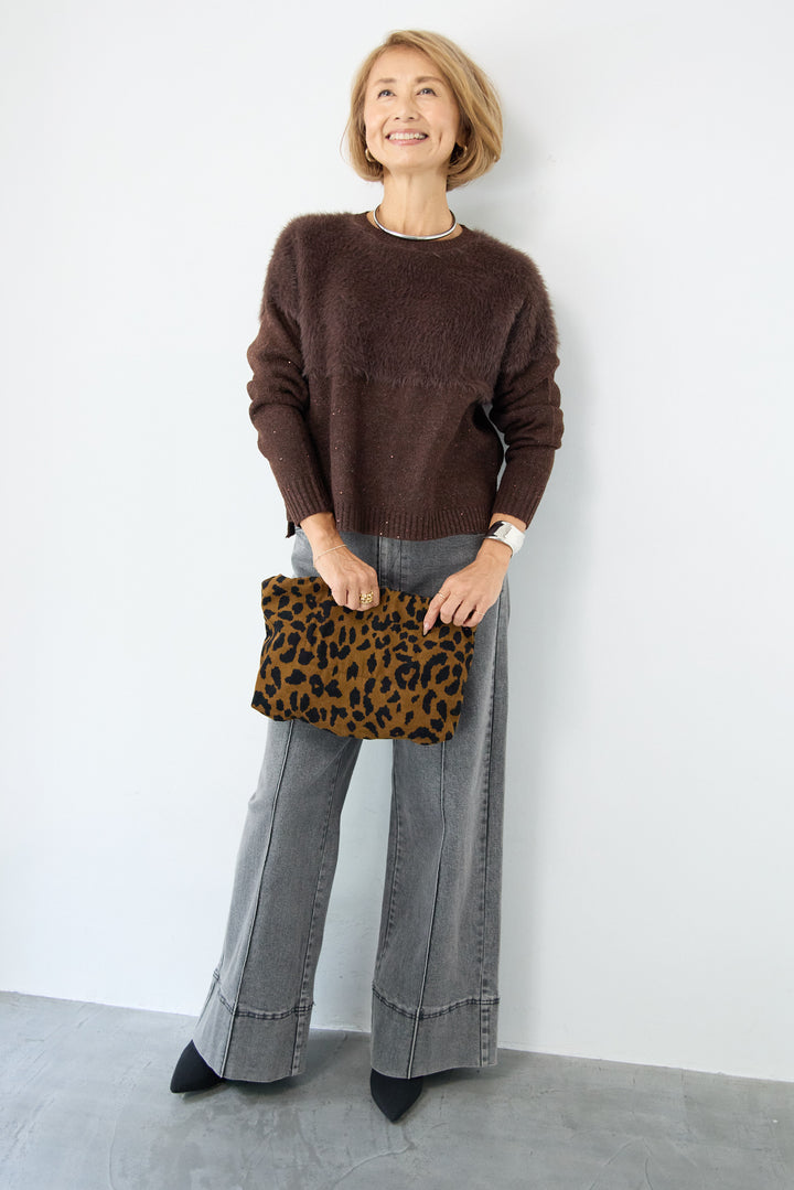 シャギー切替スパンコールニット