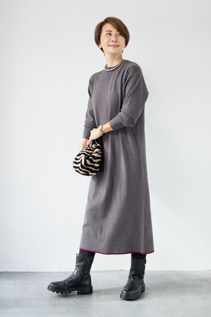 防静電気】配色ラインやわもちニットクルーネックワンピース