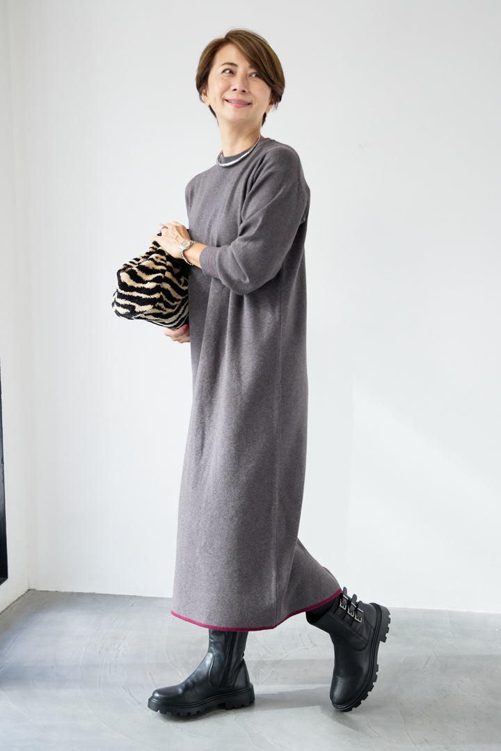 【防静電気】配色ラインやわもちニットクルーネックワンピース