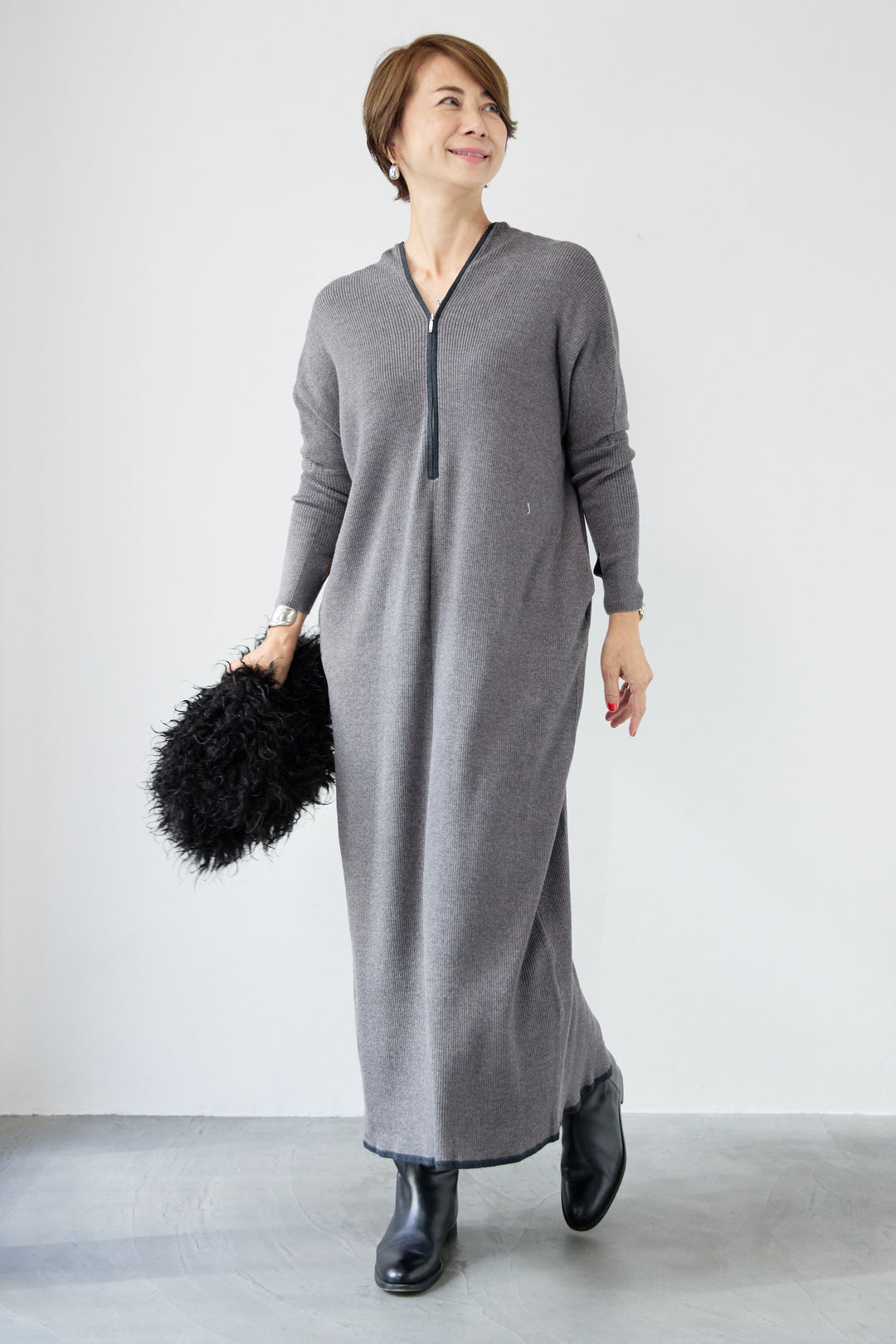 配色ジップニットワンピース