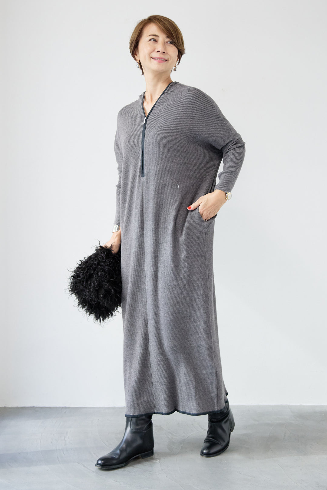 配色ジップニットワンピース