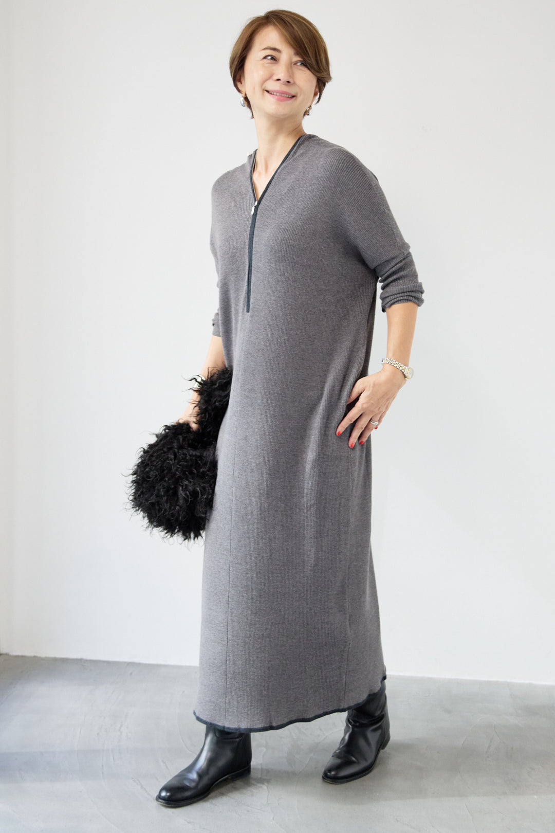 配色ジップニットワンピース