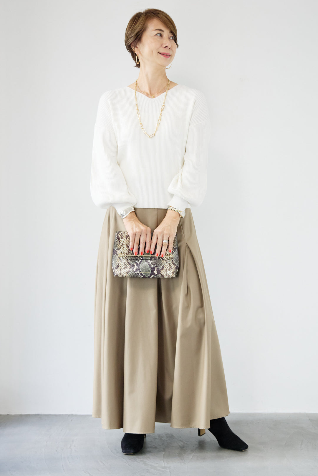 [SET]ふんわりタッチVネックリブニット+タックボリュームスカート(2set)