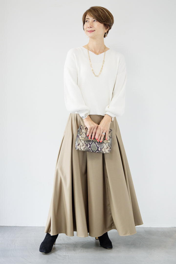 [SET]ふんわりタッチVネックリブニット+タックボリュームスカート(2set)