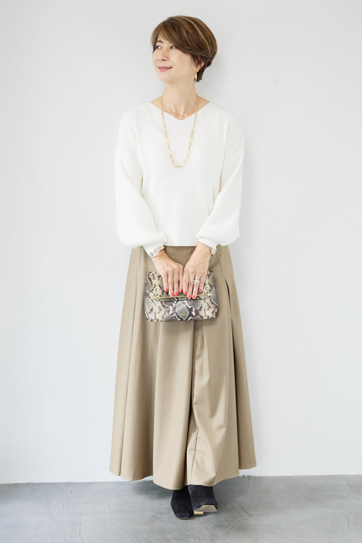 [SET]ふんわりタッチVネックリブニット+タックボリュームスカート(2set)