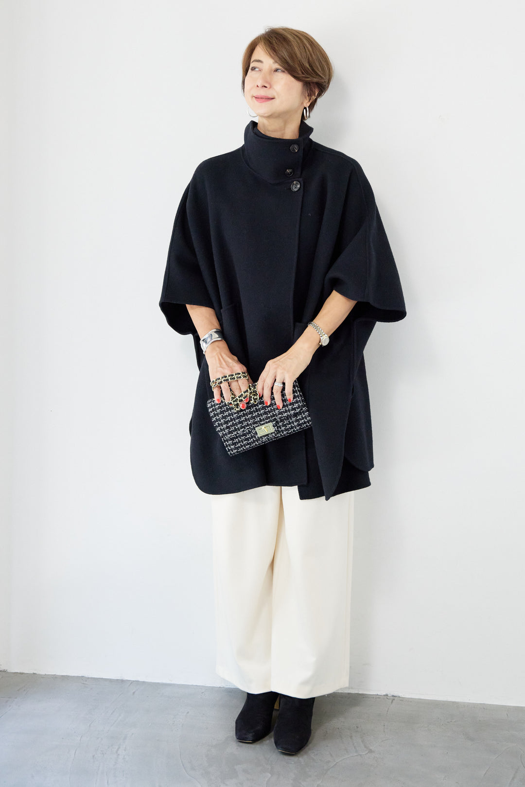 スタンドネックポンチョウールコート