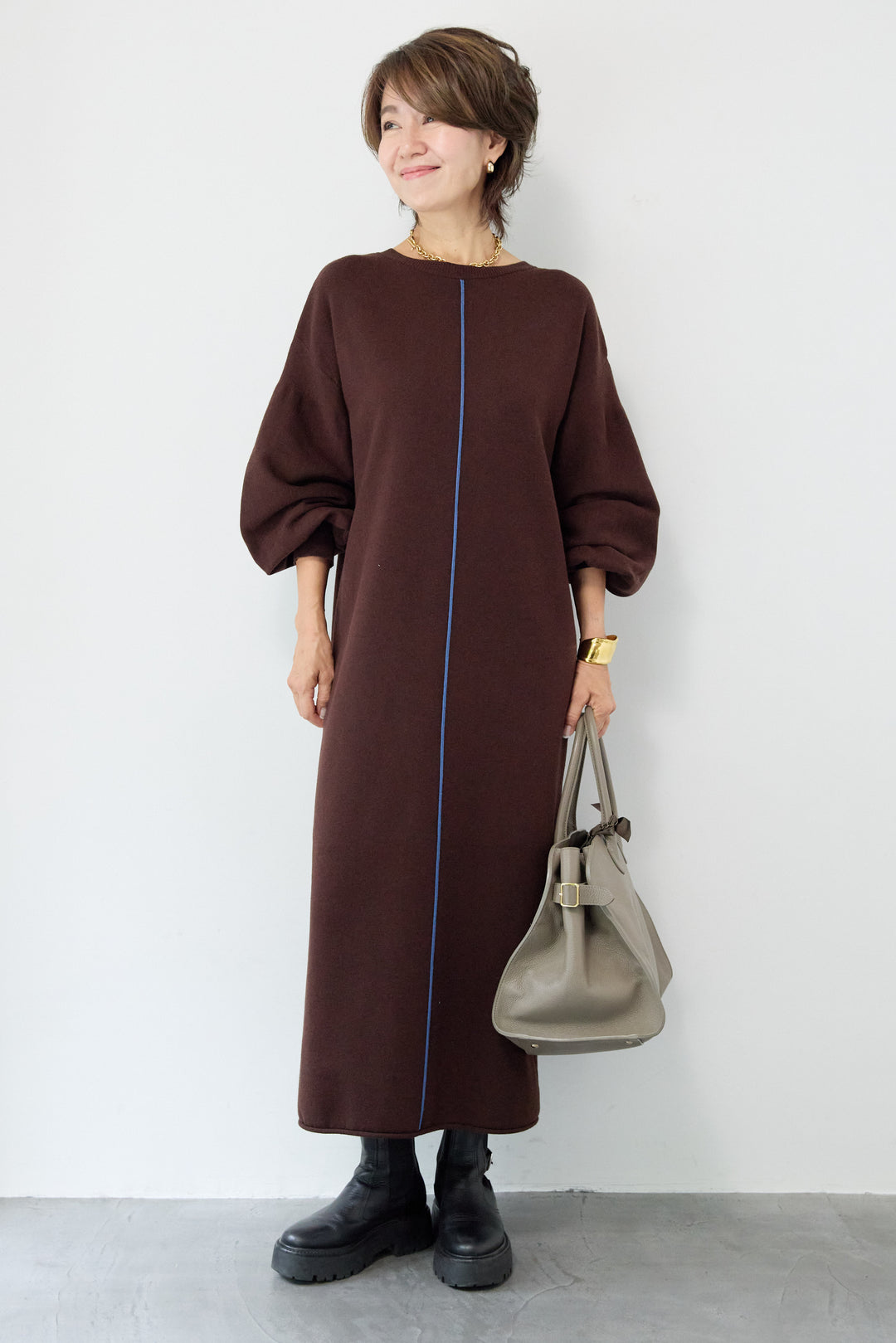 【防静電気】前後2WAY配色ラインやわもちニットワンピース