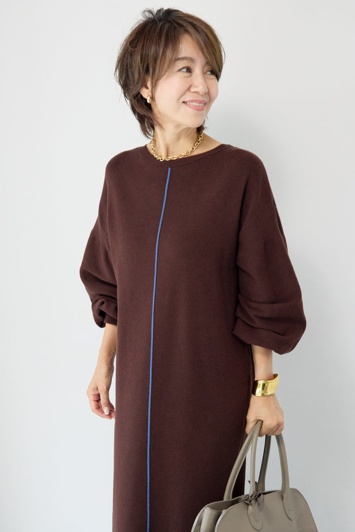 【防静電気】前後2WAY配色ラインやわもちニットワンピース