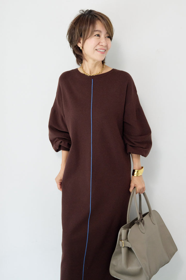 【防静電気】前後2WAY配色ラインやわもちニットワンピース