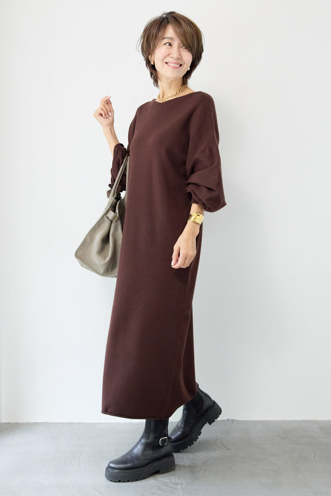 【防静電気】前後2WAY配色ラインやわもちニットワンピース