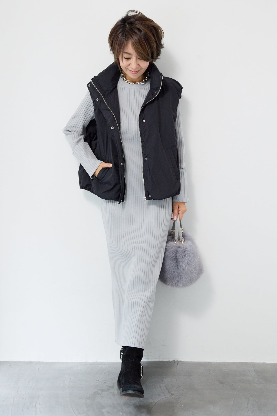 リブニットロングワンピース