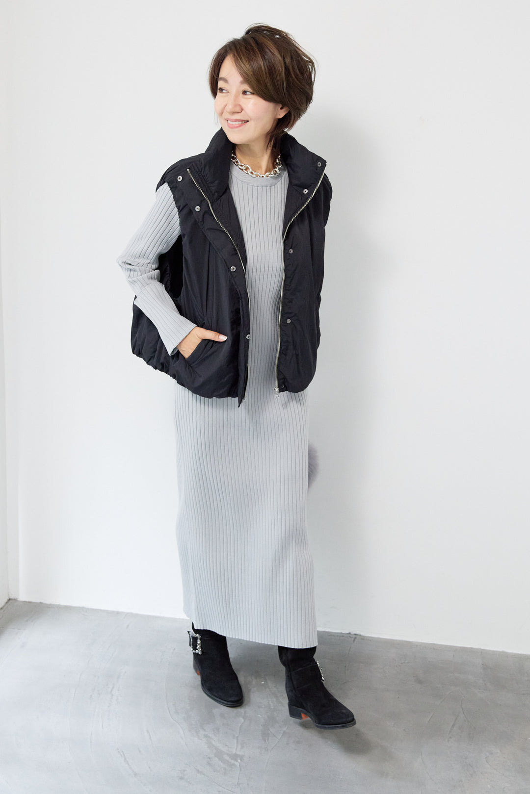 リブニットロングワンピース